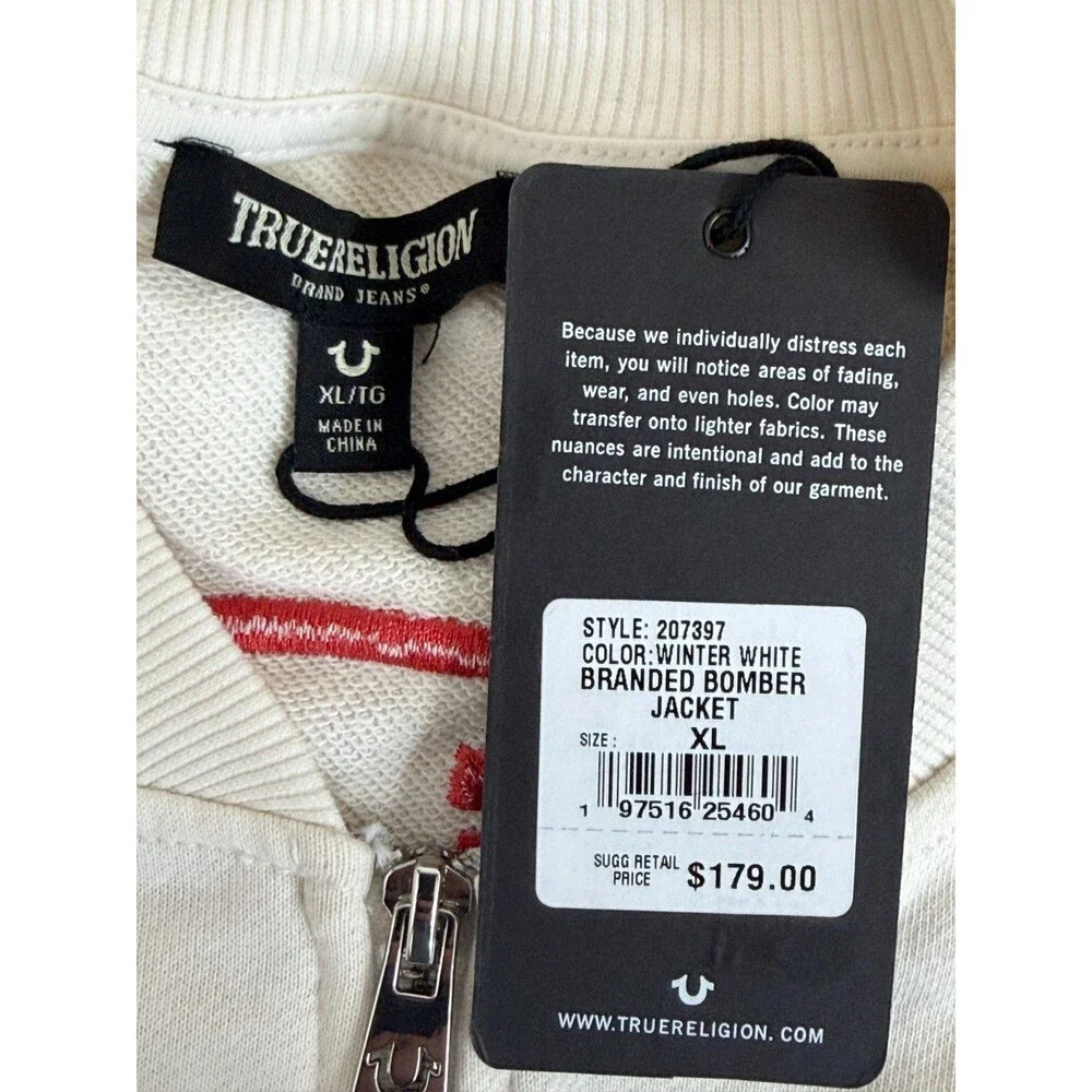 True Religion Branded Bomber Jacket Men's XL Winter White Embroidered NWT $179